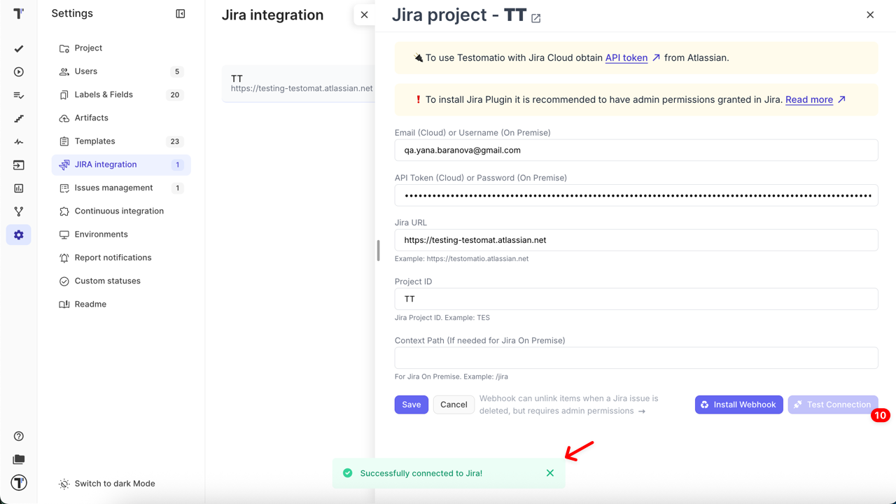 Test connection button
